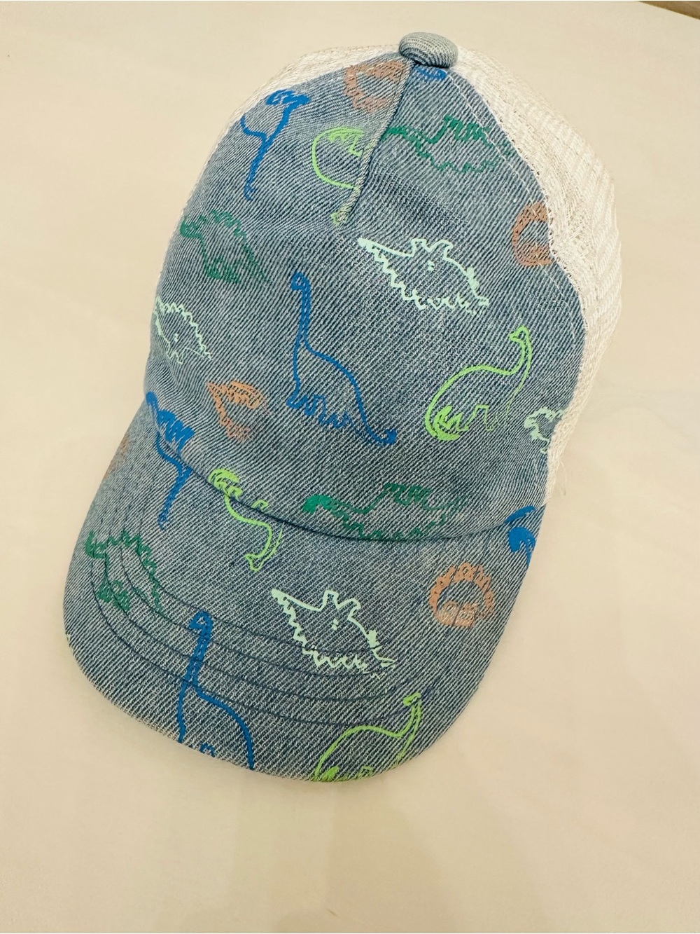 Denim Dinosaur Trucker Hat - Blue with Neon Accents